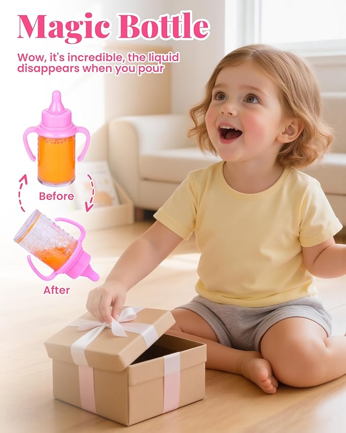 BABESIDE 11 Pcs Baby Doll Accessories Set - Baby Doll Bottles, Diapers, Pacifiers, Bib, Plate - Baby Doll Stuff & Toys for Little Girls