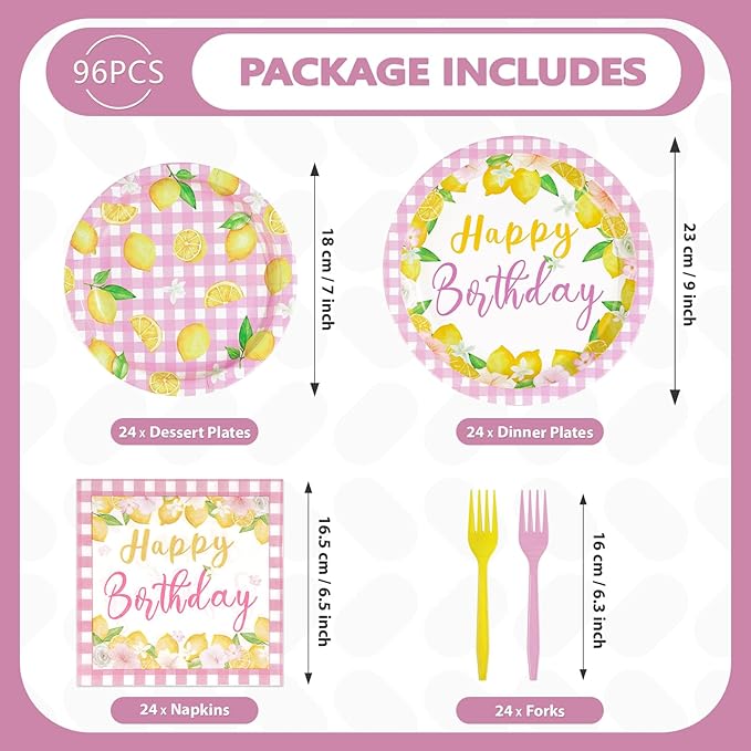 96 Pcs Pink Lemon Birthday Decorations Pink and Yellow Lemonade Paper Plates and Napkins Summer Fruit Theme Tableware Set for Boys Girls Birthday Baby Shower Party Supplies Serves 24