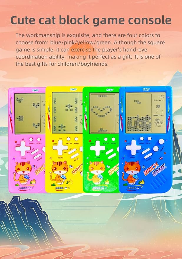 Cute Cat Pattern Block Game Console 23 Brick Games Racing/Tank Battle Retro Mini Game Machine Children's Game Console 70/80/90's Nostalgic Gifts Puzzle Toy Handheld Portable Game Device (Yellow)
