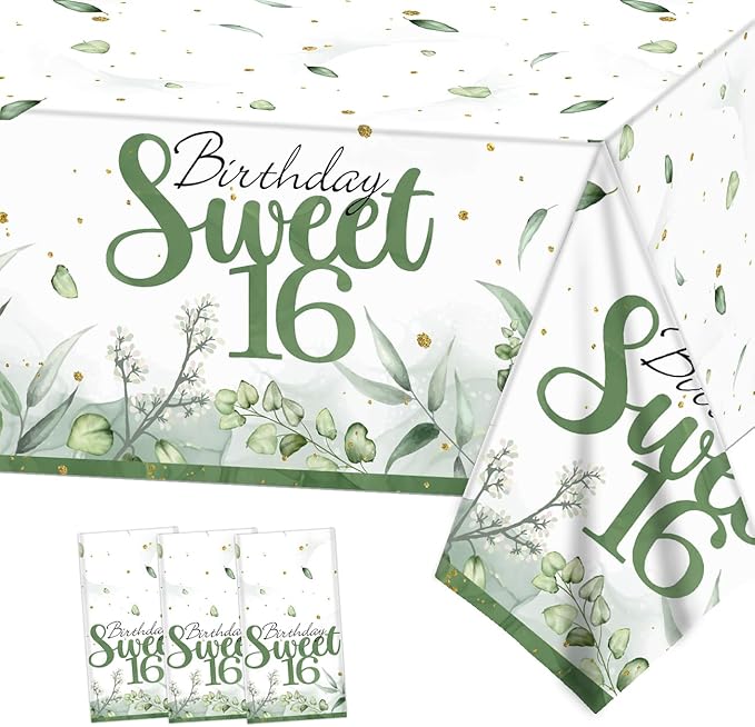 PATIAI Sweet 16 Party Decorations 3Pack Sweet 16th Tablecloths Sage Green 16th Birthday Disposable Plastic Rectangle Table Cover for Her Birthday Party Supplies 71 x 43 Inches