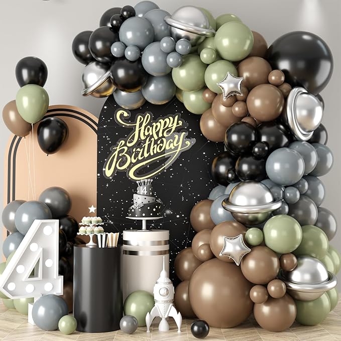 Green Gray Balloon Arch Kit,Sage Green Gray Brown Metallic Silver Balloons with Star Foil Balloon for Boy Birthday Party Decorations Baby Shower Graduation Party Supplies