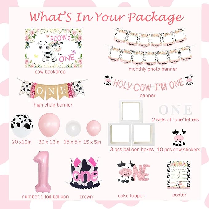 Holy Cow I'm One Birthday Decorations, 1st Birthday Decorations Girl, Cow First Birthday Party Supplies Girl, Cow Print One Year Old Birthday Decorations, First Birthday Girl Decorations