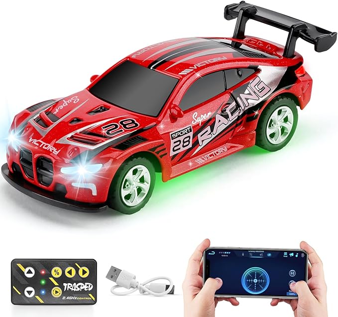 SASBSC Mini RC Toy Cars for Boys Kids Adults, 2.4GHz APP Remote Control Car with Lights and 3 Speed Modes, 1/64 Race Toy Car Rechargeable for Boys Ages 5-7 8-12,Birthday Gifts for Kids