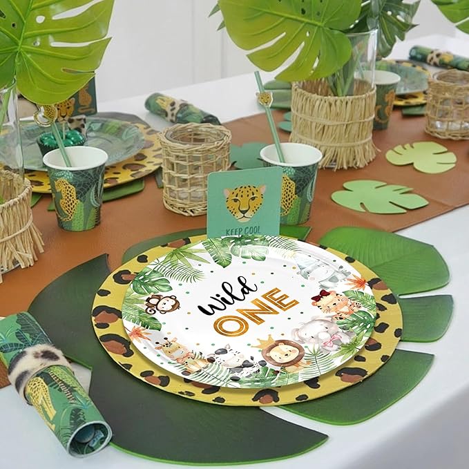 20Pcs Wild One Plates Safari Jungle Baby Shower Theme Paperplates Wild One Birthday Decorations Plate Set Disposable Dessert Plates, for Baby Shower, Boys First 1st Birthday Party Decor Supplies