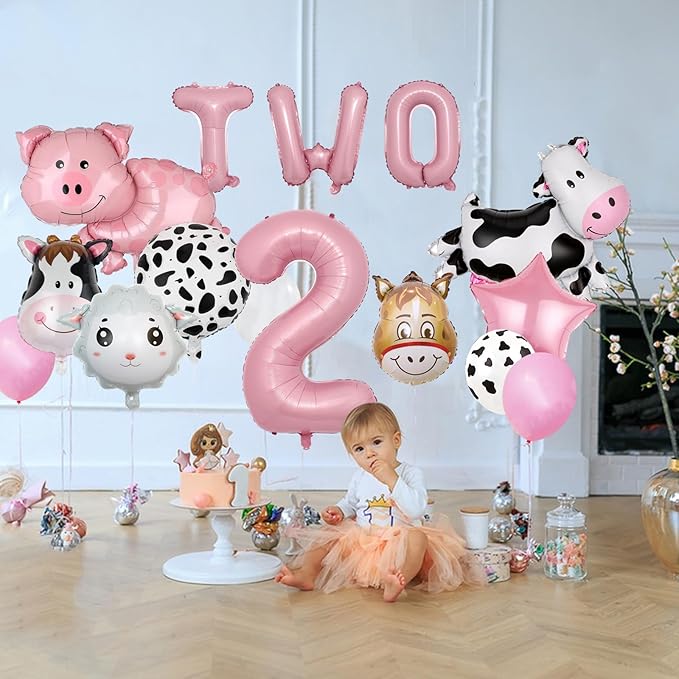19 PCS Farm Animal Theme Party Balloons, Farm Cow Print Sheep Pig Donkey Mylar Foil Balloons Baby Shower Boy Girl 2nd Birthday Party Decor Supplies (2nd)