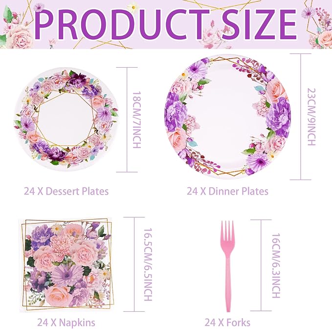 Grencian 96Pcs Spring Floral Party Supplies Pink Purple Flowers Paper Plates and Napkins Disposable Spring Floral Tableware Set for Wedding Bridal Shower Baby Shower Mother’s Day Tea Party, Serves 24