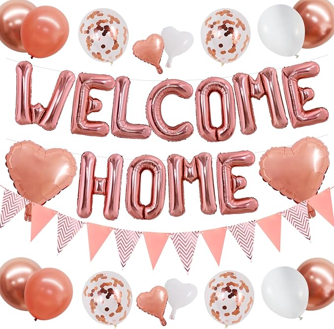 TONIFUL Welcome Home Decorations,16 Inch Rose Gold Welcome Home Foil Balloon Banner Rose Gold Confetti Balloons Pennant Flag Bunting for Homecoming Party House Warming Party Family Gathering Supplies