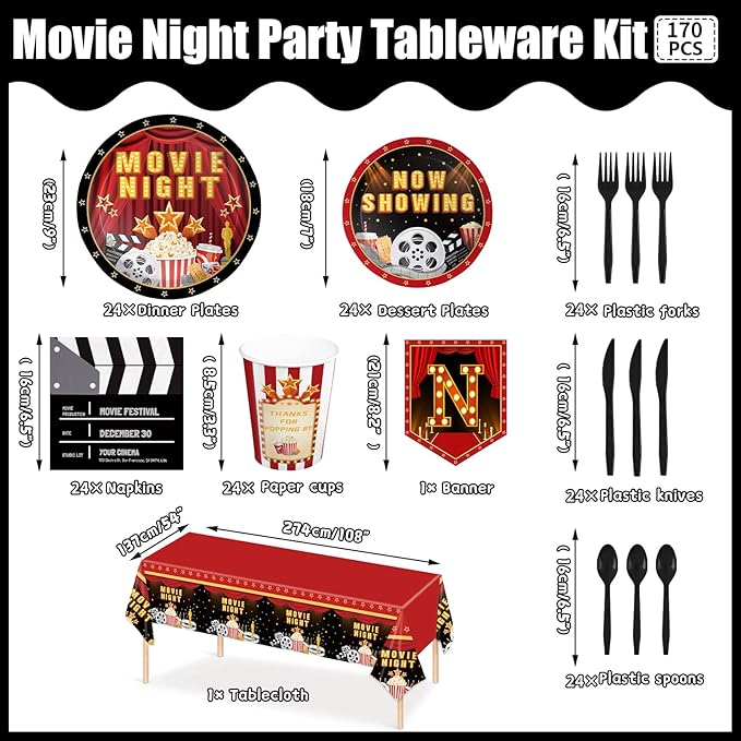 170pcs Movie Night Party Supplies Now Showing Paper Plates Napkins Disposable Tablecloth Banner Cups Theater Hollywood Clapboard Napkins Red Carpet Birthday Party Decorations 24 Guests