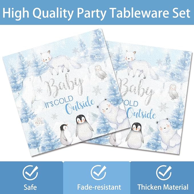 120pcs Winter Woodland Baby Shower Decorations Arctic Animals Plates Napkins Baby It's Cold Outside Cup Snowflake Penguin Arctic Fox Tableware Set Disposable Forks for 24 Guests