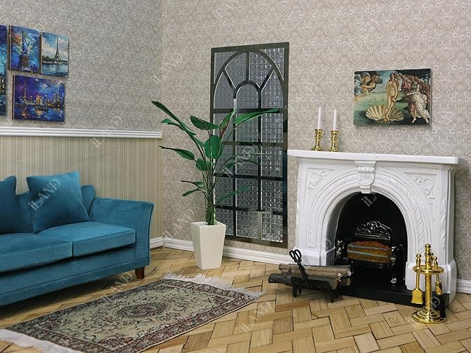 iLAND Dollhouse Furniture and Accessories of Dollhouse Fireplace on 1/12 Scale w/Fire Light & Firewood Rack & Fireplace Tool Kit (Neoclassical 4pcs)