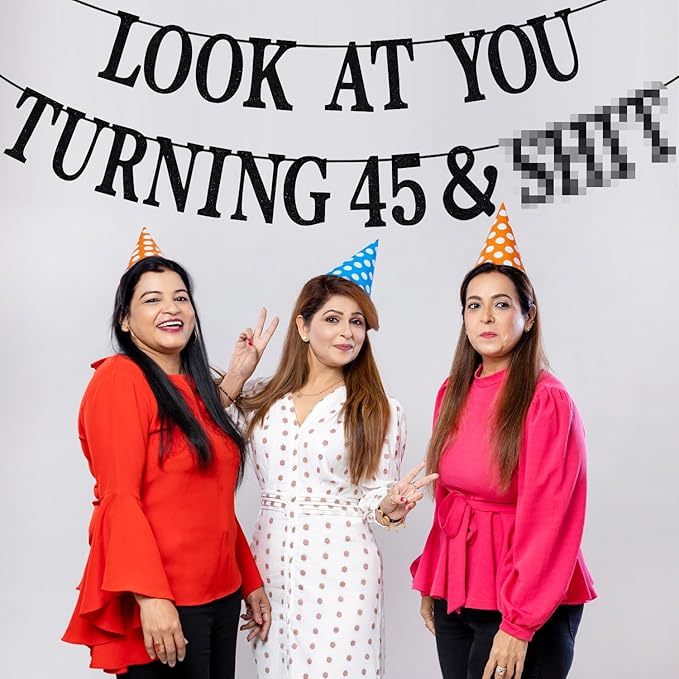 Black Glitter Look at You Turning 45 & Sh*t Banner, Happy 45th Birthday/Level 45 Unlocked/Cheers to 45 Years, Funny 45th Birthday Party Decorations Supplies