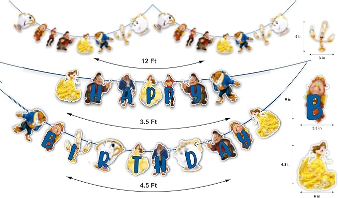 "Bauty & The Bast Theme Birthday Party Supplies – Princess Fairy Tale Party Decorations – Includes Happy Birthday Banner, Cake Topper, Cupcake Toppers, Garland & Table Décor for Celebrations"