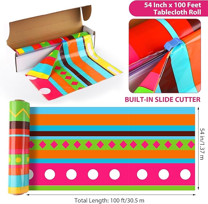 Kochorie 1 Roll 100 Ft x 54 Inch Mexican Fiesta Party Tablecloth Roll with Cutting Box Disposable Plastic Mexican Striped Table Cover Backdrop for Fiesta Taco Party Supplies