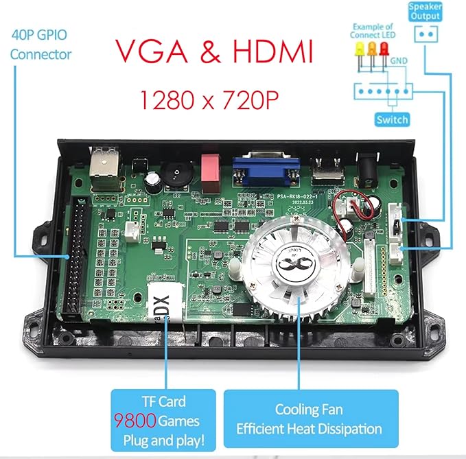 9800 in 1 Arcade Kit 3D Saga Box with Sliver LED Arcade Buttons Mame 5 Pin 8 Way Joystick Arcade DX Kit 4 Players Game for DIY Home Video Game (Red and Green)