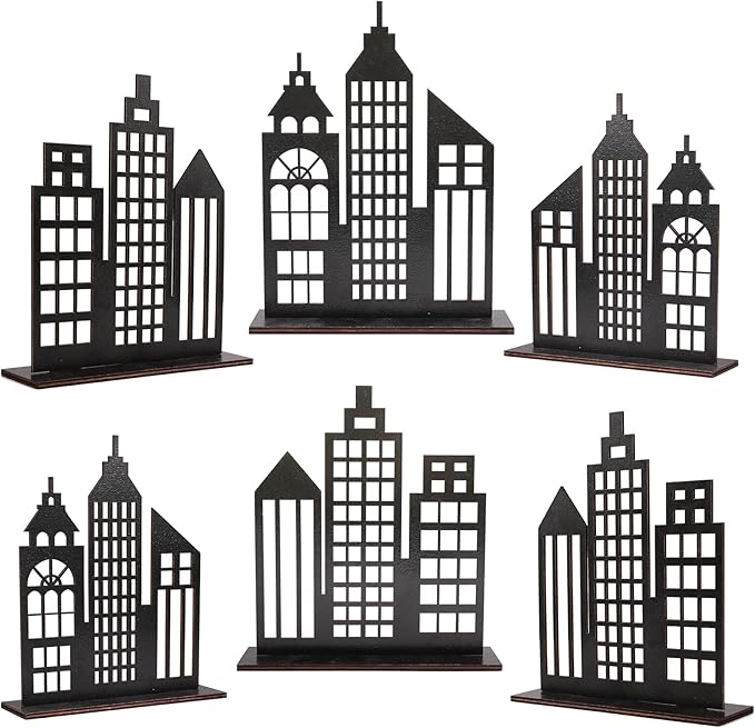 6 Pcs Super Hero Party Decorations, 2 Style Wooden Hero Theme Skyscrapers Table Decorations, City Skyline Buildings Centerpiece Sign Decor for Hero Theme Comic Birthday Party Supplies