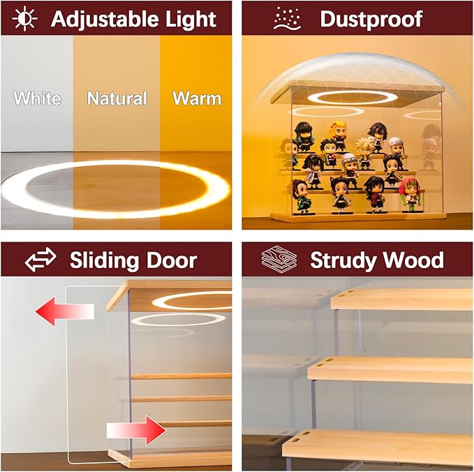 Acrylic Display Case with Adjustable LED Light, 6 L Tier Clear Display Box Dustproof Showcase for Action Figures, Collectibles and Mini Toys, Assembly Display Cabinet(Black 19.7*12.6*16.5in)