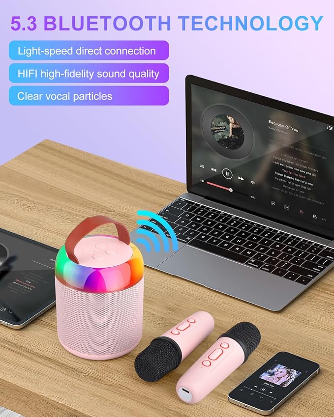 Mini Party Karaoke Machine Toy for Kids Audlts, Portable Led Karaoke Toy Speaker with 2 Wireless Microphones for Girls Boys Birthday, Holiday Stocking Stuffer Party Favors Supplies