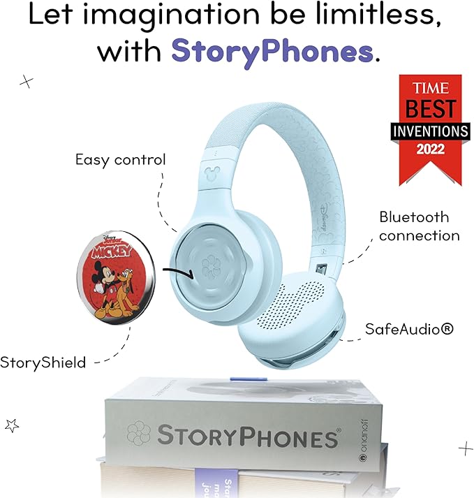 Disney Kids Bluetooth Foldable Headphones: Use Wired or Wireless for Travel, Education, and Screen-Free Entertainment | Includes Mickey Mouse StoryShield, Blue