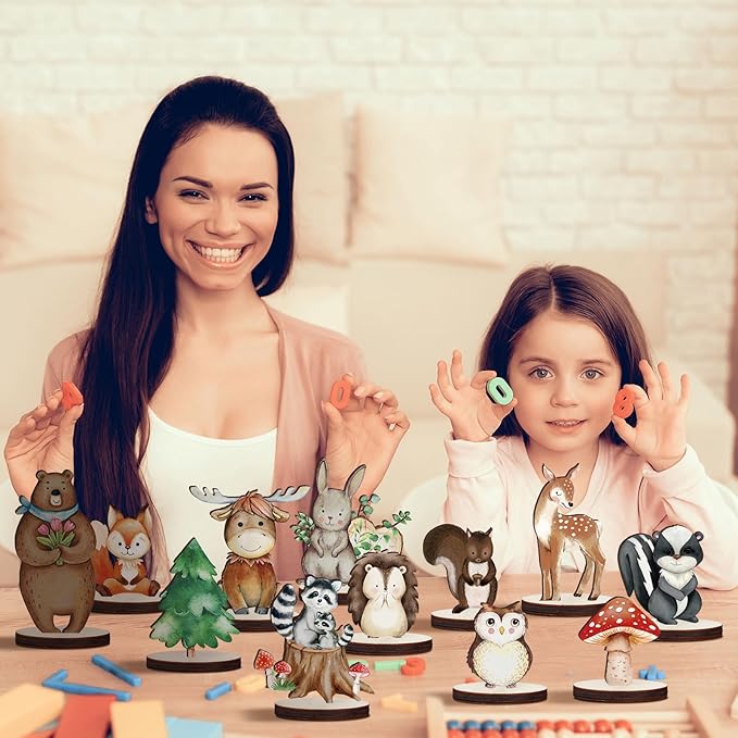 Geetery 12 Pcs Woodland Animals Wooden Animal Cutout Shapes Forest Painted Woodland Baby Shower Decorations Wild Creatures Wood Table Centerpieces for Forest Camp Party Supplies (Cute)