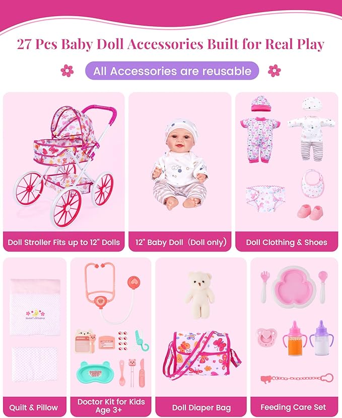 JIZHI Baby Doll Stroller Set with 12 Inch Dolls, 27-Piece Foldable Doll Stroller with Baby Doll Accessories for Pretend Play, Feeding & Bedding Playset Gift for Kids 3+