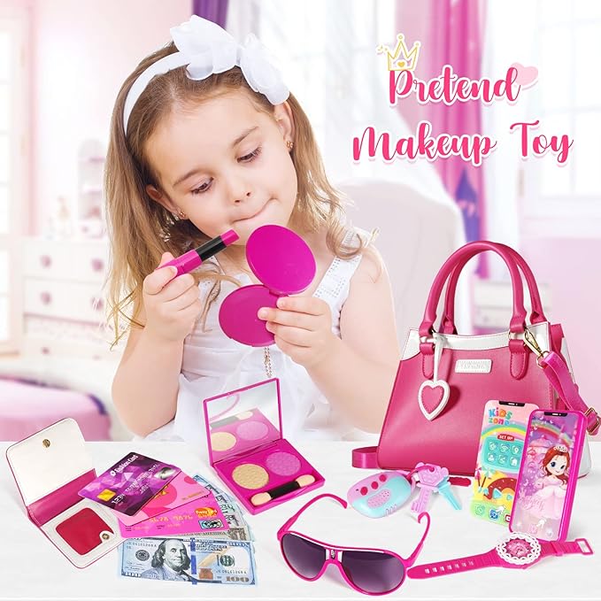 Shemira Play Purse for Little Girls, Princess Pretend Toys for Girls 3 4 5 6 7 8 Years Old, Christmas & Birthday Gift for Kids Age 3-5 4-6 6-8, Toddler Purse with Accessories, Kids Toy Purse,Pink