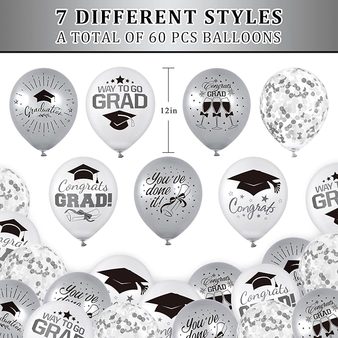 Whaline 60Pcs Graduation Party Balloon Set 7 Designs Silver White Confetti Latex Balloon with 2 Rolls Ribbon Grad Cap Congrats Grad Balloon for Graduation Party Decoration Supplies