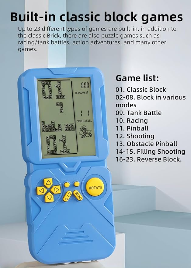 4.5-inch Block Retro Game Console Suitable for European/American Players Built-in 23 Games Racing/Tank war Adjustable Difficulty/Speed Gifts for Husbands/Boyfriends/Children Puzzle Toy (Blue)