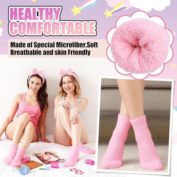 48 Pcs Spa Sleepover Party Supplies 12 Bow Headband 12 Plush Sleep Eye Mask Covers 12 Pair Fuzzy Sock 12 Gift Bags for Sleeping Sleepover Slumber Baby Shower Wedding Party Gift(Pink)