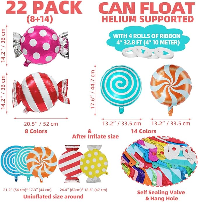 Candies Balloon Candyland Party Decoration For Sweet Shop Birthday Wedding Baby Shower Photo Backdrop, 22 Pack Candy Lollipop Balloons (8 Sweet Candy Balloon +14 Windmill Swirl Round Lollipop Balloon)