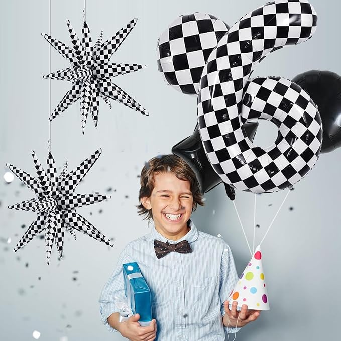 TONIFUL 40 Inch Checkered 6th Birthday Balloons Set Number 6 Race Car Black White Checkered Round Explosion Star Balloons Boys Race Car Themed Birthday Party Decoraction