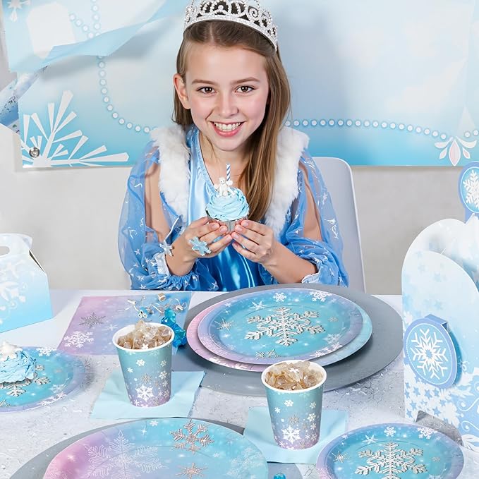 96Pcs Snowflake Plates and Napkins and Cups Kids Birthday Party Gradient Color Disposable Paper Plates for 24 Guests Picnic Baby Shower Tea Party Supplies