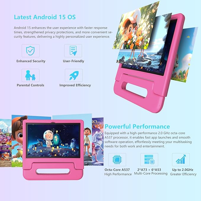2025 Latest 10.1 inch Kids Tablet Android 15 Tablets for Kids with EVA Protective Case 8GB RAM 64GB Storage Toddler Tablet, Parental Controls, 12-hr Battery, WiFi, GPS, Pink