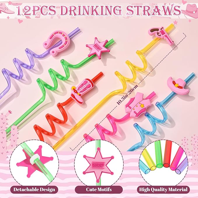 Winrayk 124Pcs Cowgirl Party Favors Hot Pink Birthday Supplies for Girls, Gift Bags Straws Silicone Wristband Mini Hat Keychain Tattoo Sticker, Hot Pink Rodeo Horse Disco Cowgirl Party Favors Supplies