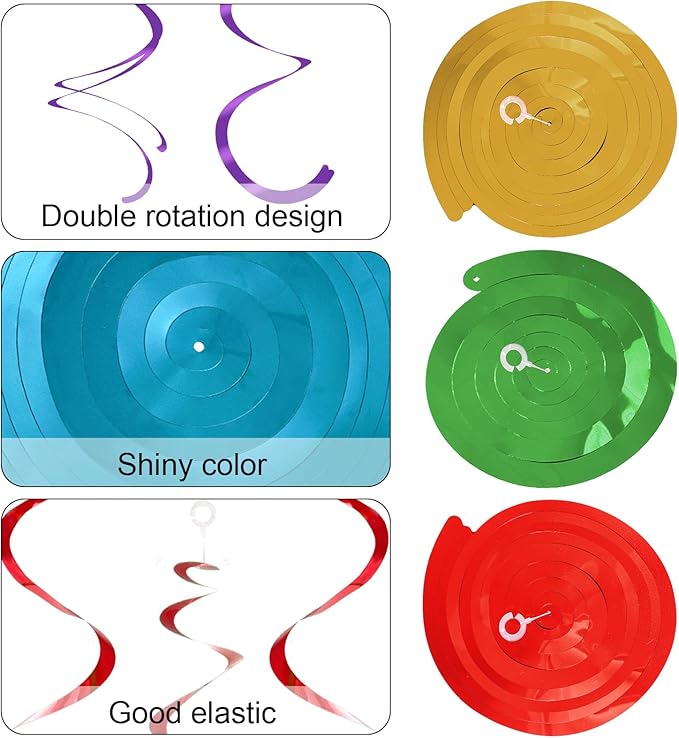 Colorful Ceiling Swirl Foil Decorations Hanging Plastic Streamer Themed Swirl Party Decoration for Wedding Thanksgiving Day Graduation Celebration, Pack of 28 (Rainbow)