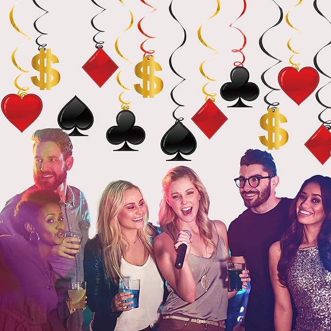 60 Pack Casino Theme Party Decorations Las Vegas Hanging Swirl Red Black Poker Paper Cutouts Party Ceiling for Casino Night Las Vegas Night Baby Shower Birthday Party Supplies Decor Supplies