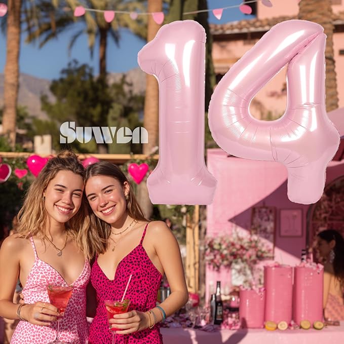 SUWEN 40 Inch Pink Large 14 Number Balloons Big Foil Helium Number Balloons 0-9 Jumbo Happy 14th Mylar Birthday Party Decorations for Girl or Women 41 Anniversary Party Supplies