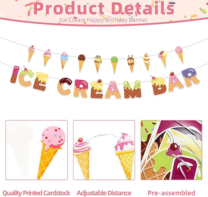 Ice Cream Bar Banner with Ice Cream Cone Garland, Summer Sweet Shop Themed Birthday Decorations, Colorful Garland Photo Prop for Kids Party, Dessert Table, and Theme Party Supplies