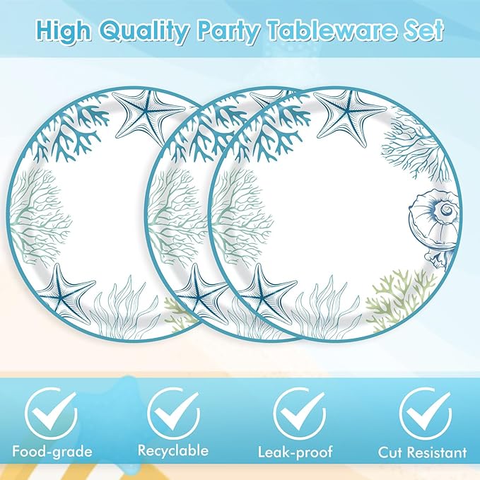 Seashell Beach Party Decorations,40Pcs Ocean Seashell Beach Plates,Napkin Blue Starfish Seashell Coral Themed Disposable Tableware for Birthday Baby Shower Summer Party, Serves 20