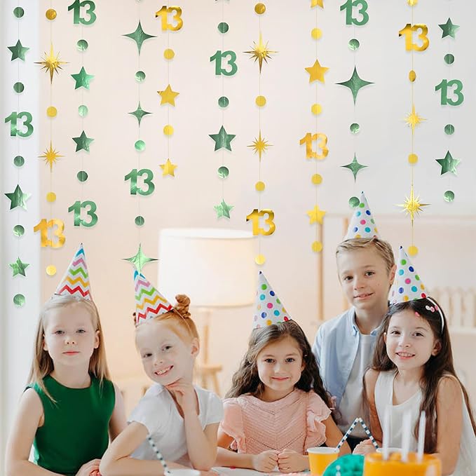 Sage Green Gold 13th Birthday Decorations Number 13 Circle Dot Twinkle Star Garland Glitter Hanging Streamer Banner Backdrop Girls Boys Cheers to 13 Years Old Birthday Official Teenager Party Supplies