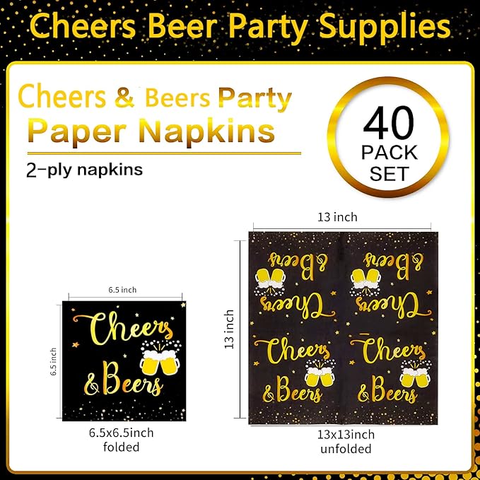 40 Pcs Cheers & Beers Napkins Cheers Beer Party Supplies Disposable Cocktail Napkins Black and Gold Foil Paper Napkins for 30th 40th 50th 60th 70th 80th 90th Birthday Wedding Anniversary Decoration