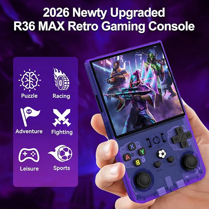 R36MAX Retro Handheld Game Console, 4.0" IPS Screen Retro Gaming Console, 128GB TF Card, 30+ Mainstream Emulators, 22,000+ Classic Games, Open Source Linux System, 4000mah Battery - Purple