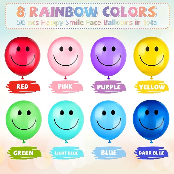 Sratte 50 Pcs Happy Smile Balloons for Birthday Party 12'' Latex Smile Face Colorful Naughty Balloons Party for Baby Shower Wedding Decoration Festive Supplies (Assorted Color)