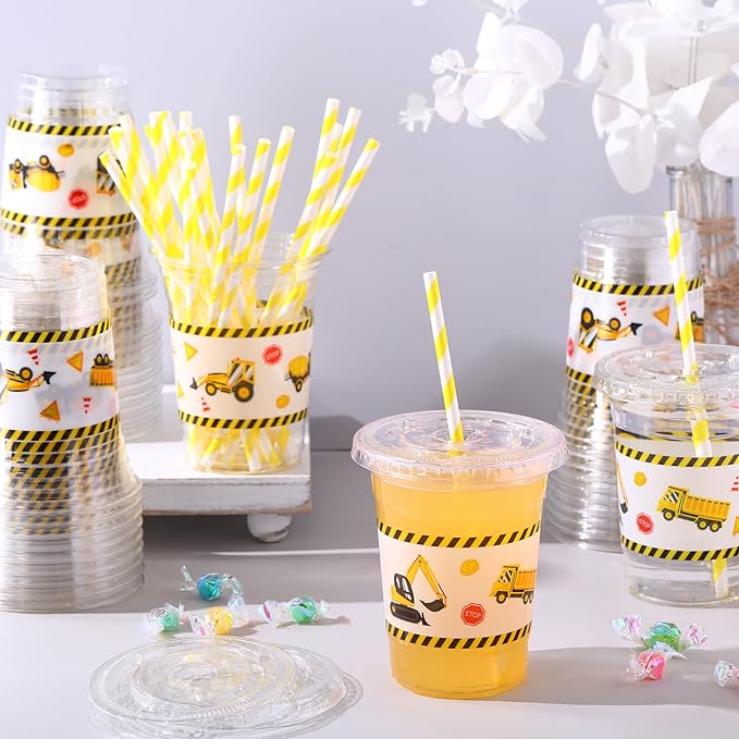 Yungyan 50 Sets Construction Theme Party Plastic Cups with Lids and Straws 16 oz Coffee Juice Drinking Cups for Birthday Baby Shower Party Supplies