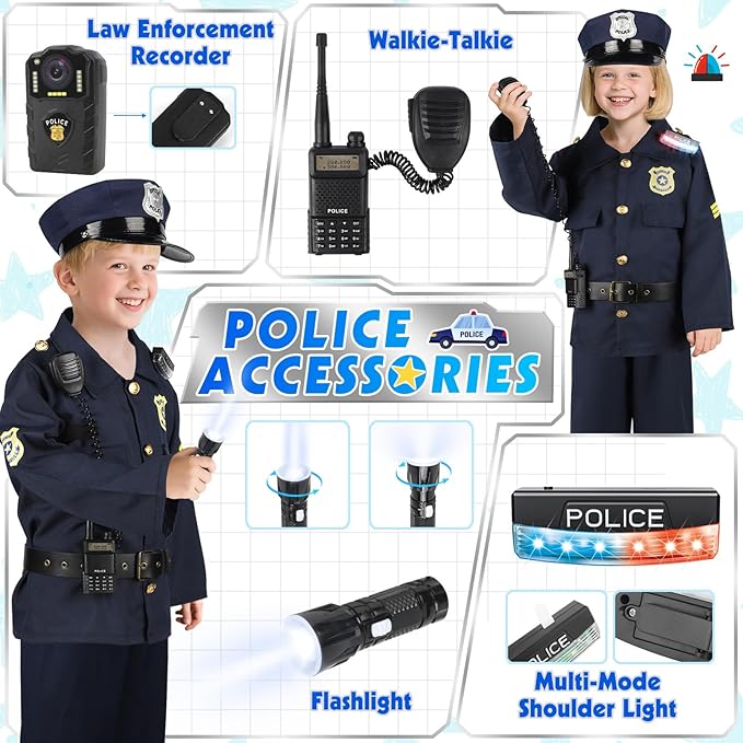 Police Costume for Kids, Cop Pretend Play Toys for Dress Up, Role Play Set with Handcuffs, Flashlight, Police Badge for Kids Boys and Girls 3-8, Halloween Costumes, Birthday Christmas Gifts
