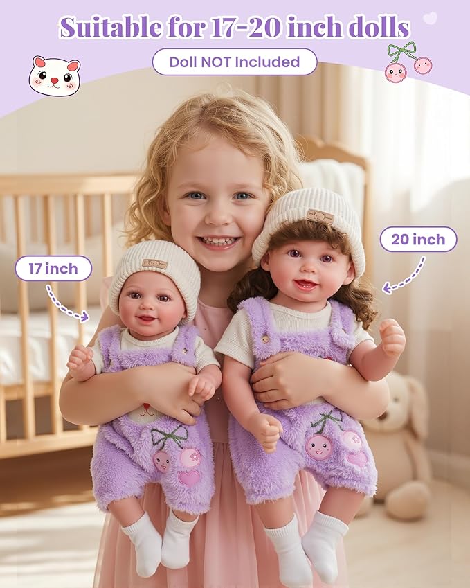 BABESIDE 4-Piece Reborn Baby Doll Clothes for 17-20 Inch Dolls, Doll Outfit Accessories with Bear Pattern fit Baby Dolls Girl, Pretend Play Accessories for Kids Boys & Girls,Purple