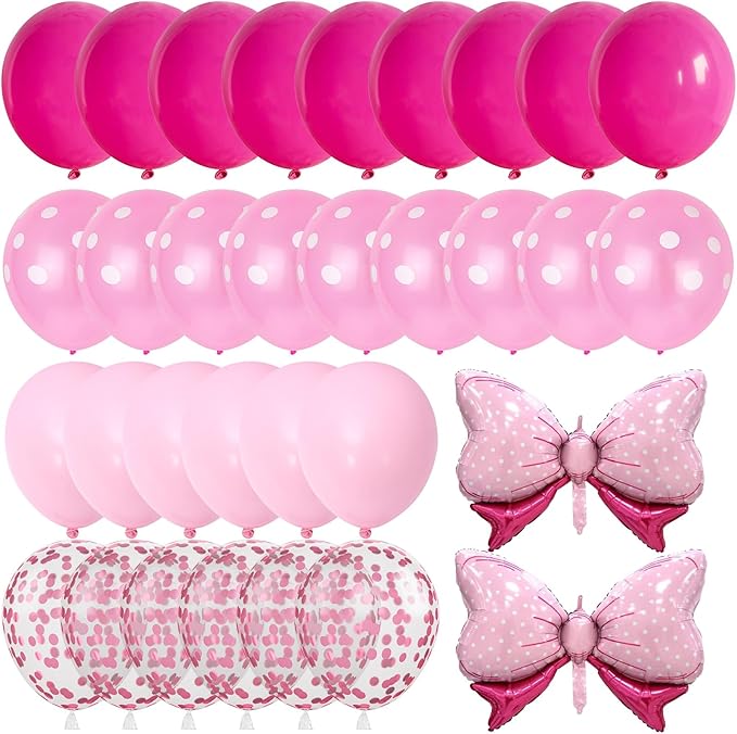 Pink Bow Balloons, 62Pcs 12Inch Hot Pink Bow Foil Balloons Set, Polka Dot and Confetti Latex Balloon for Girls Women Birthdays Baby Shower Bridal Bachelorette Cartoon Theme Valentine Party Decoration