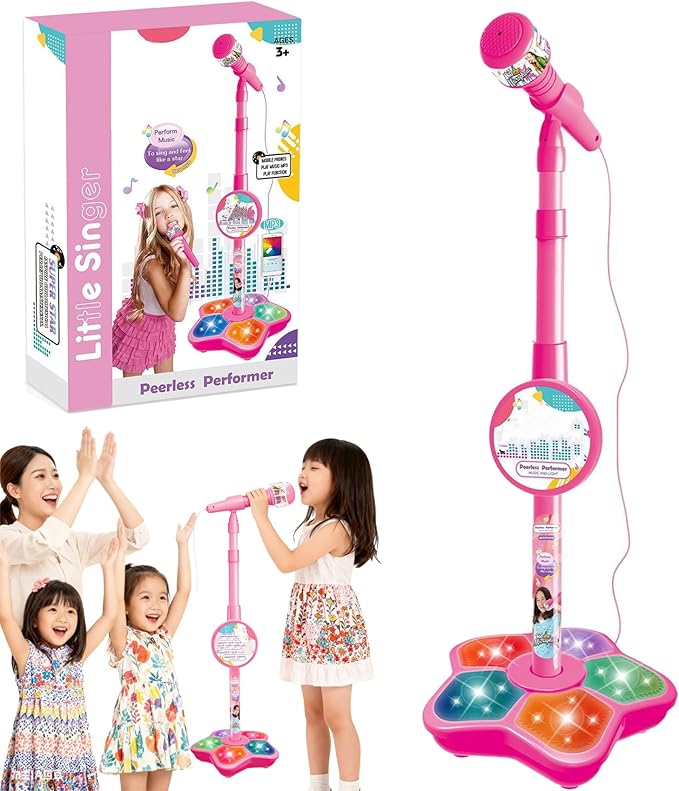 2026 New Kid Star Microphone, Kid Star Microphone with Stand, 5-in-1 Kids Stars Microphones with Adjustable Stand, Speakers and Lights, Compatible with Mobile Phones, for Festival (Pink)