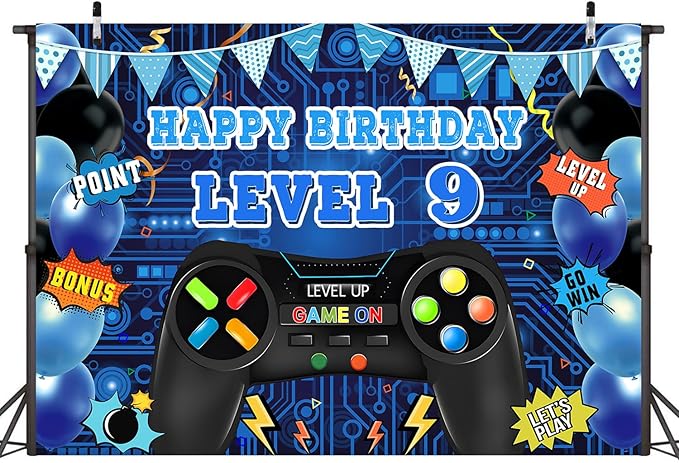 Game Theme Level 9 Birthday Backdrop Video Game Happy 9th Birthday Party Decorations Level Up Theme Boys Kids Birthday Party Supplies(7×5FT)