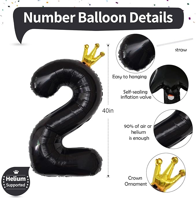 40 Inch 2nd Birthday Balloon Number, Crown Black Foil Giant Number Balloons 0-9 Set, Self Inflating Balloons for Kids Girls Boys 20th Birthday Party Decor Anniversary Party Decoration Supplies