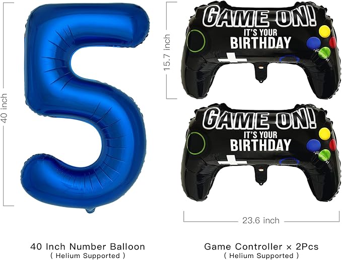 Navy Blue Video Game Party Supplies Boys 5th Birthday Party Decorations- 2 Packs Game On Balloons with Dark Blue Number 5 Balloon